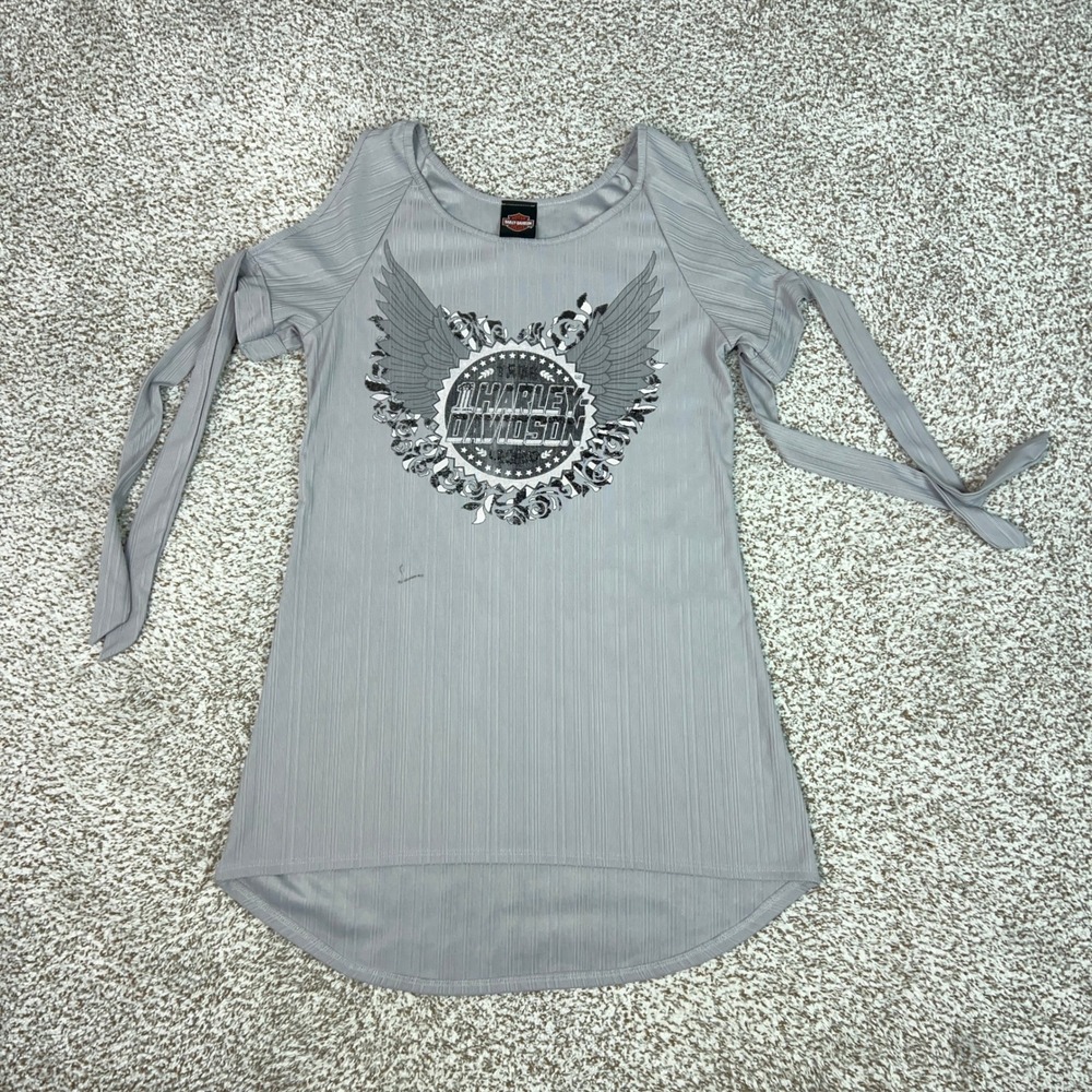 Harley Davidson Top Womens Medium Gray Boho Graphic Biker Tunic Motorcycle Tunic